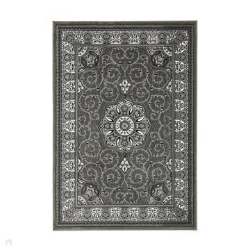 Heritage 4400 Traditional Medallion Floral Tonal Vine Border Soft Carved Hi-Low Durable Polypropylene Dark Grey/Silver/Charcoal/White Rug-Think Rugs-Rug Love - The Most Loved Rug Store